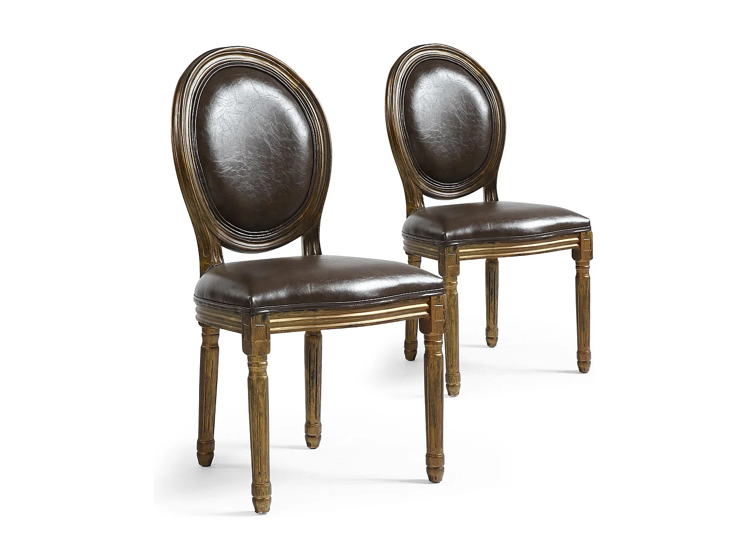 Set di 2 sedie a medaglione in stile Luigi XVI in similpelle (P.U.) marrone legno patinato oro