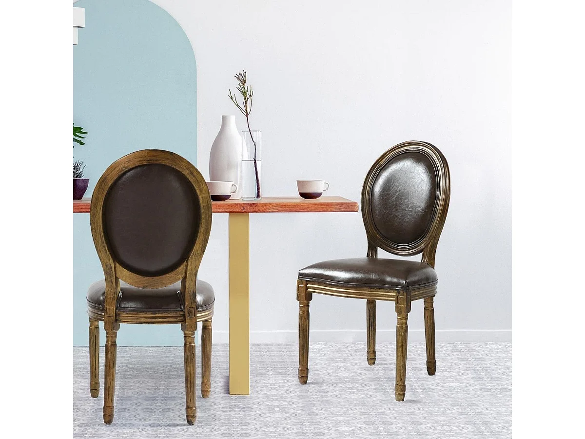 Set di 2 sedie a medaglione in stile Luigi XVI in similpelle (P.U.) marrone legno patinato oro