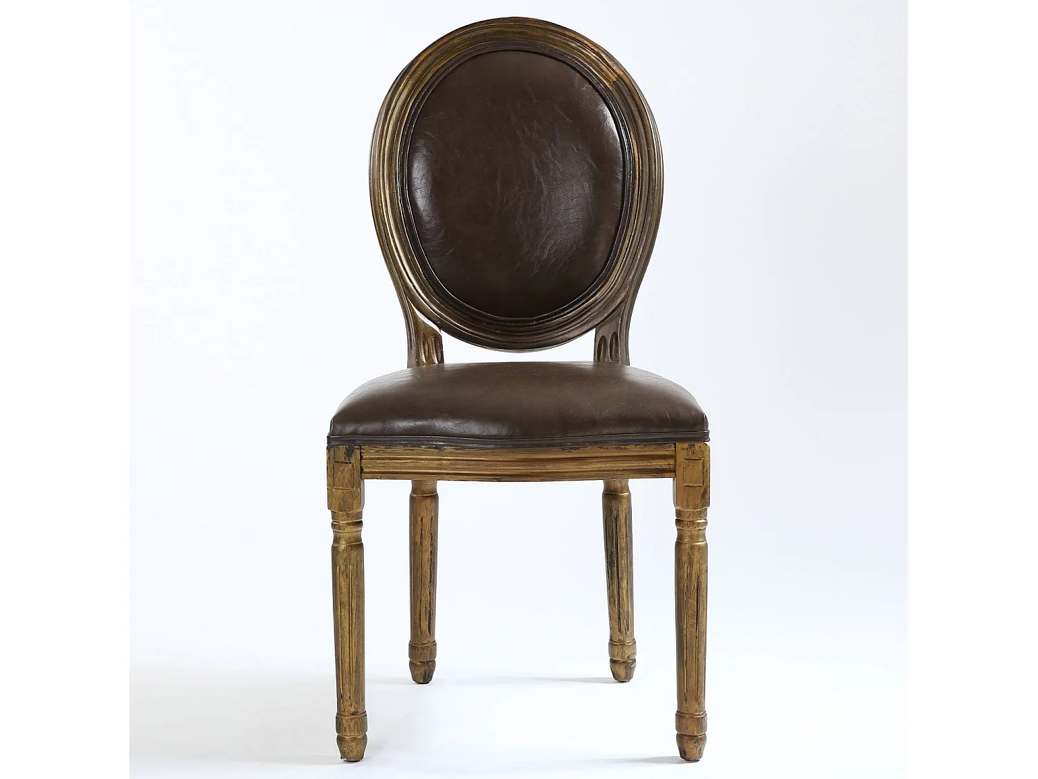 Set di 2 sedie a medaglione in stile Luigi XVI in similpelle (P.U.) marrone legno patinato oro