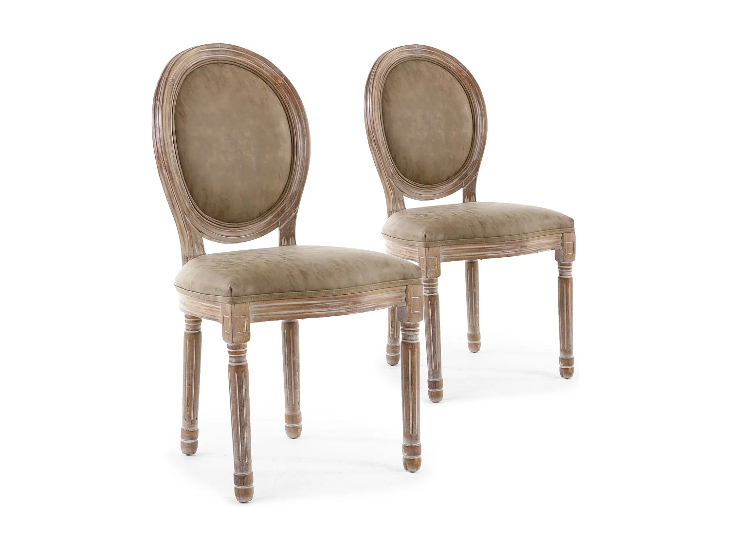 Set di 2 sedie a medaglione in stile Luigi XVI in legno patinato e similpelle color talpa