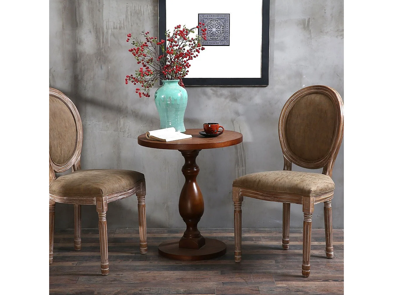 Set di 2 sedie a medaglione in stile Luigi XVI in legno patinato e similpelle color talpa