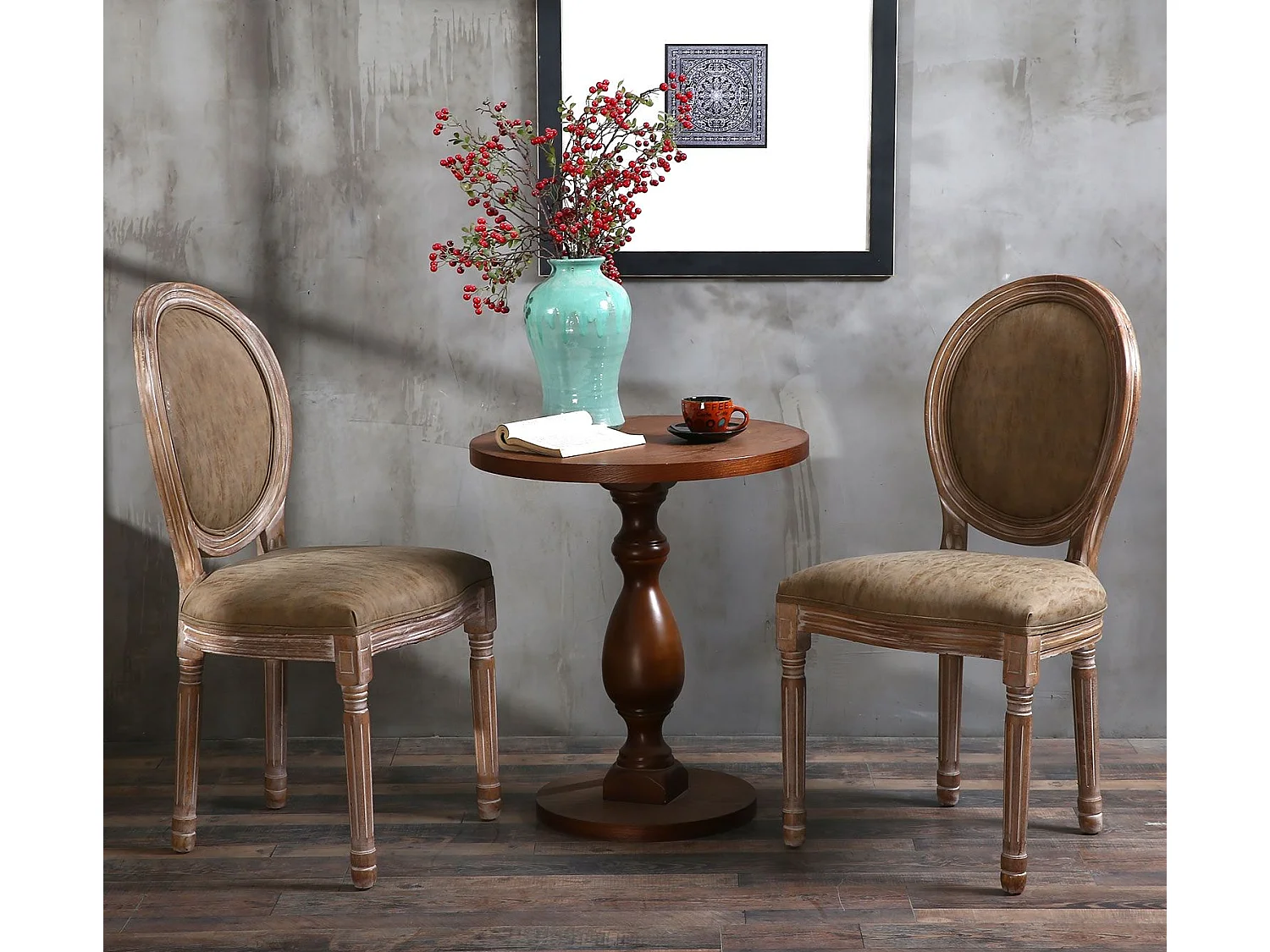 Set di 2 sedie a medaglione in stile Luigi XVI in legno patinato e similpelle color talpa