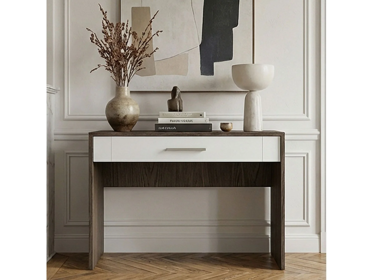 Console 1 tiroir Tenessil Chêne foncé et Blanc