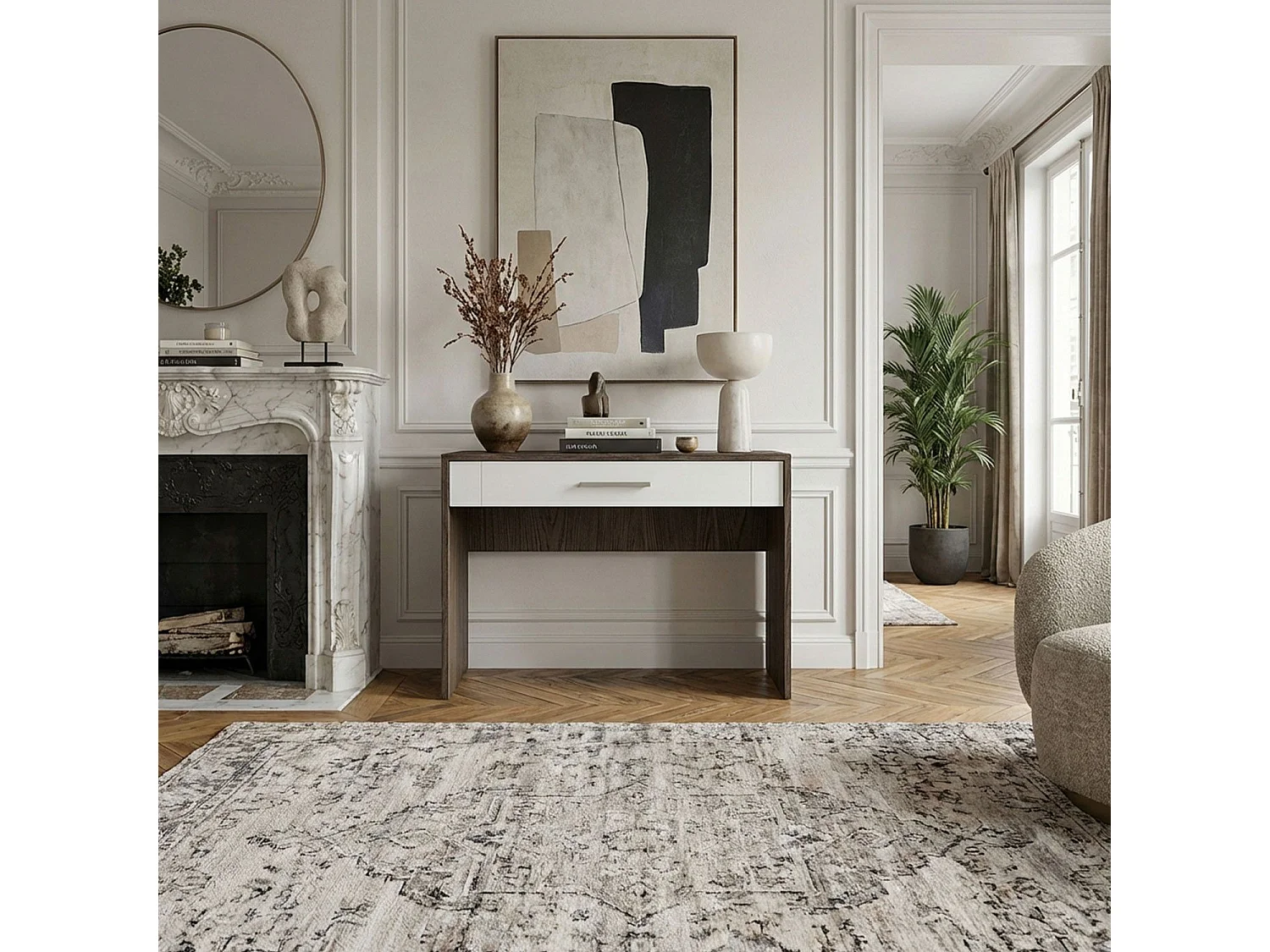 Console 1 tiroir Tenessil Chêne foncé et Blanc