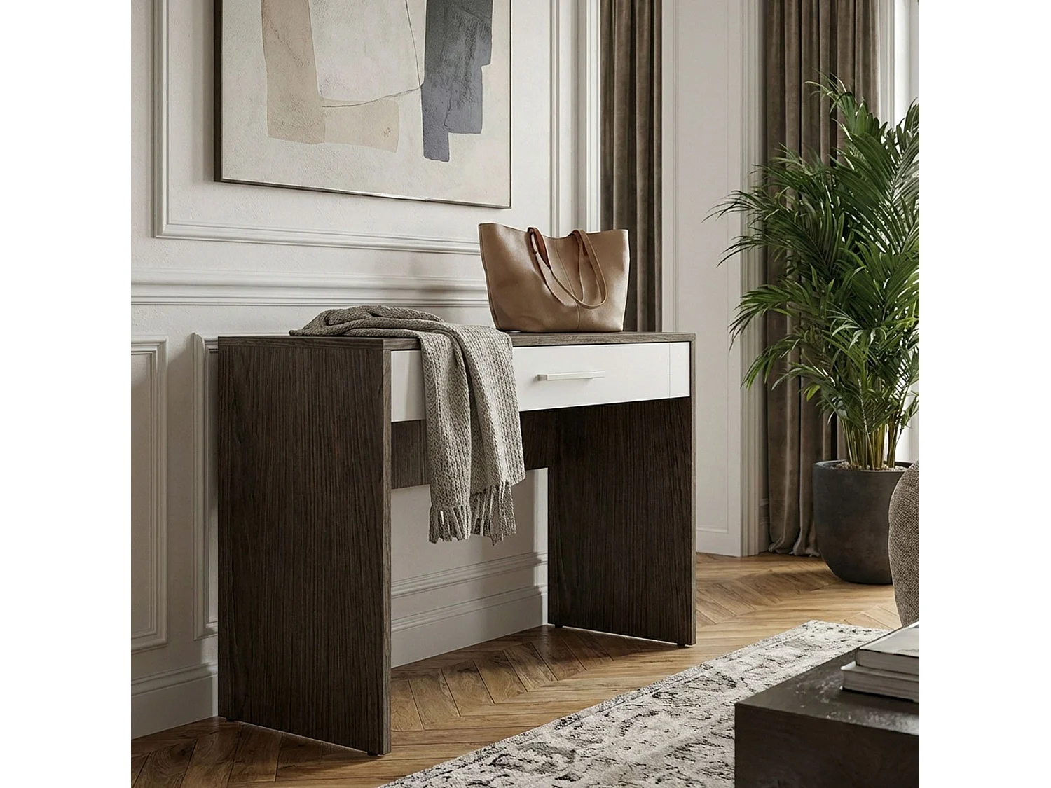 Console 1 tiroir Tenessil Chêne foncé et Blanc