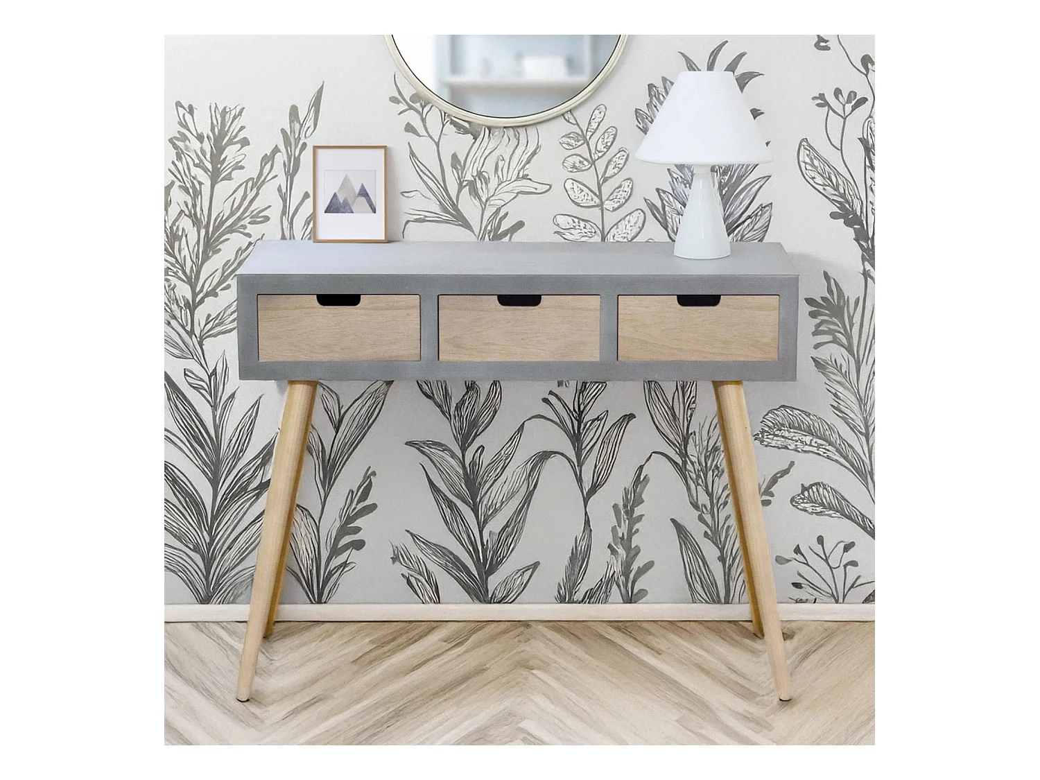 Console Scandinave 3 Tiroirs "Kim" 100cm Gris