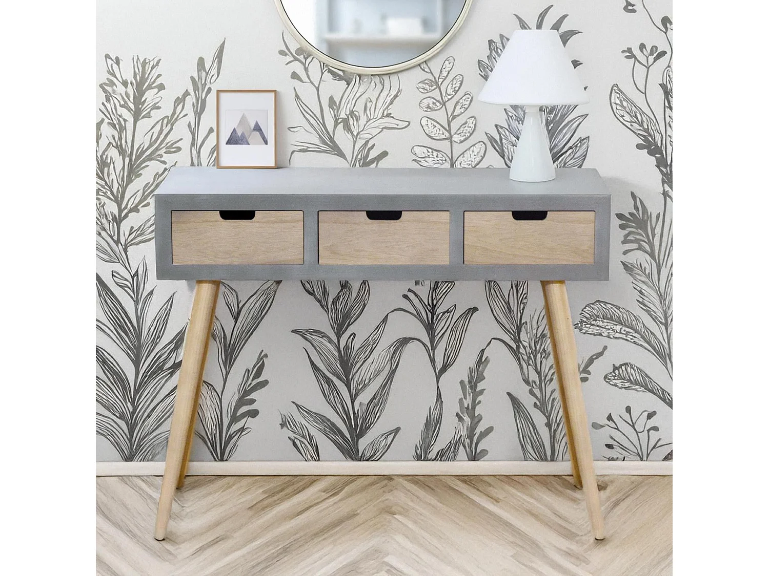 Console Scandinave 3 Tiroirs "Kim" 100cm Gris