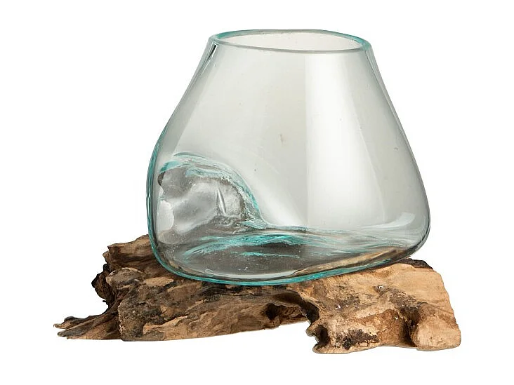 Vaso di vetro su base di legno 20x16X20 cm