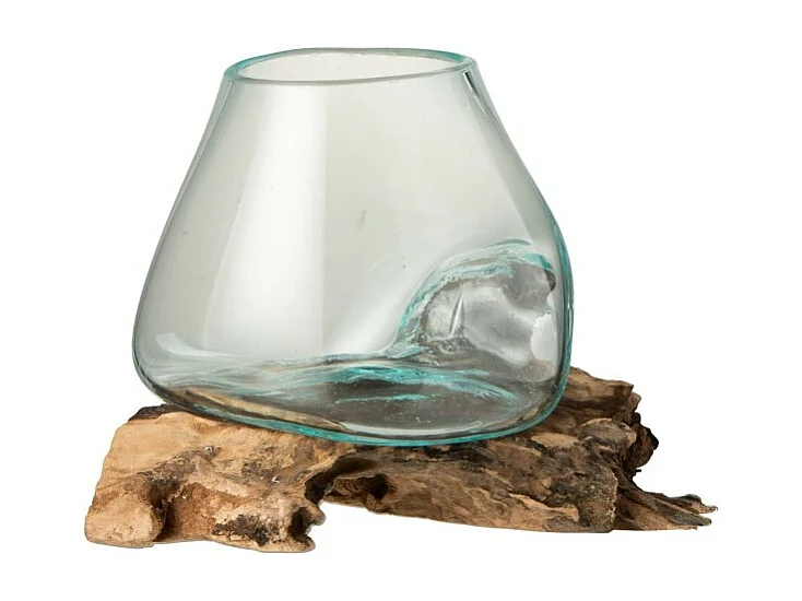 Jarrón de vidrio sobre base de madera de 20x16x20 cm.