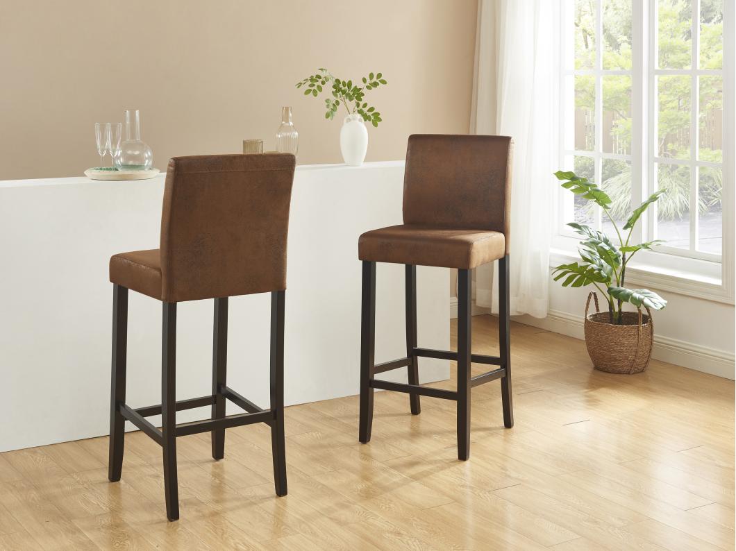 Lot de 2 tabourets de bar SANTOS - Microfibre aspect cuir vieilli - Pieds bois foncé