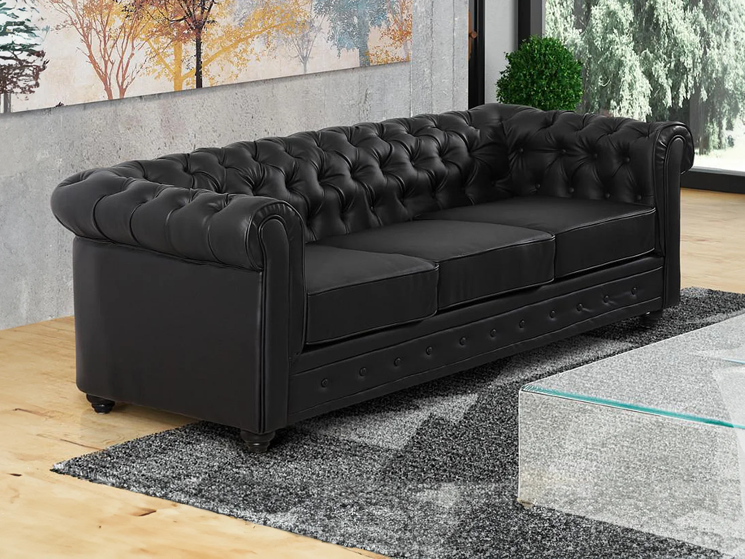 Sofa 3-Sitzer - Kunstleder - Schwarz - CHESTERFIELD