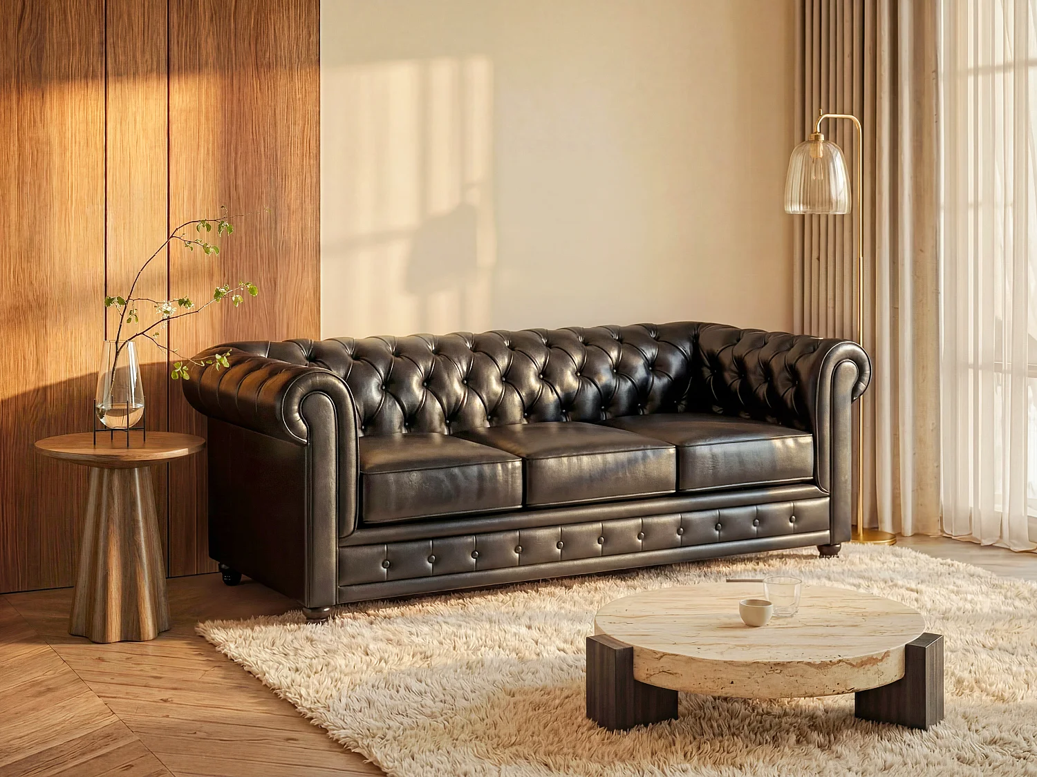 Sofa 3-Sitzer - Kunstleder - Schwarz - CHESTERFIELD