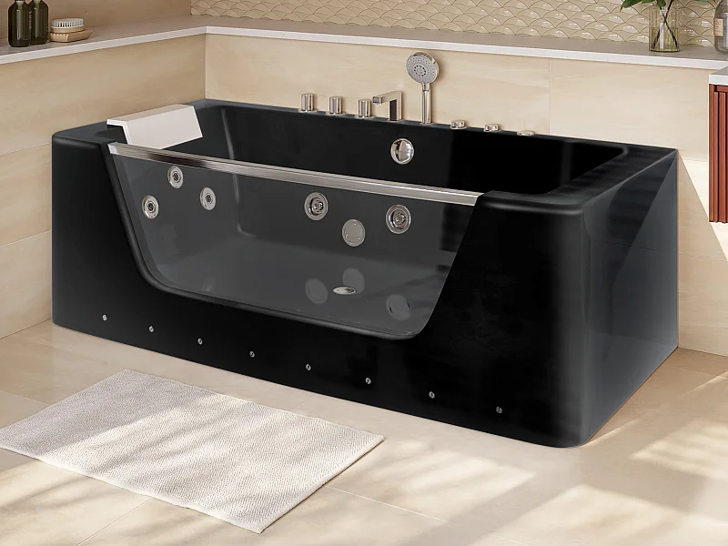 Baignoire balnéo vitrée semi-îlot à leds DYONA - 1 place - 260L - 170*85*58cm - Noir brillant