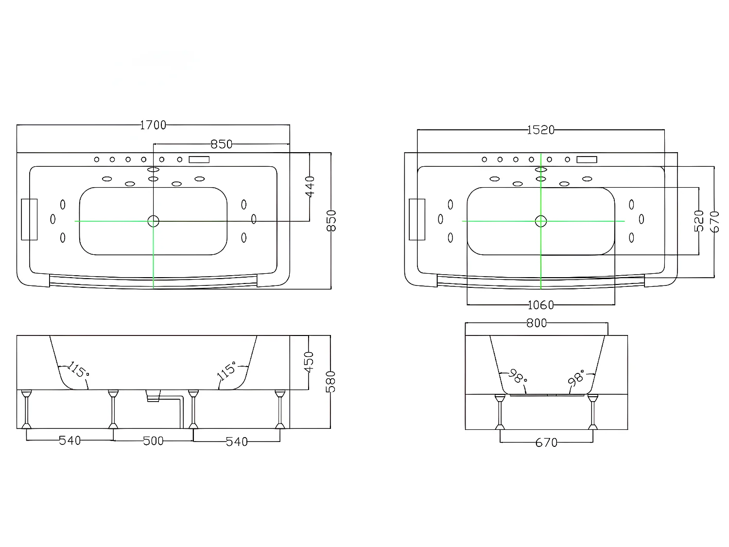Vasca idromassaggio con vetri semi freestanding a LED DYONA - 1 posto - 260L - 85x170x58cm - Nera