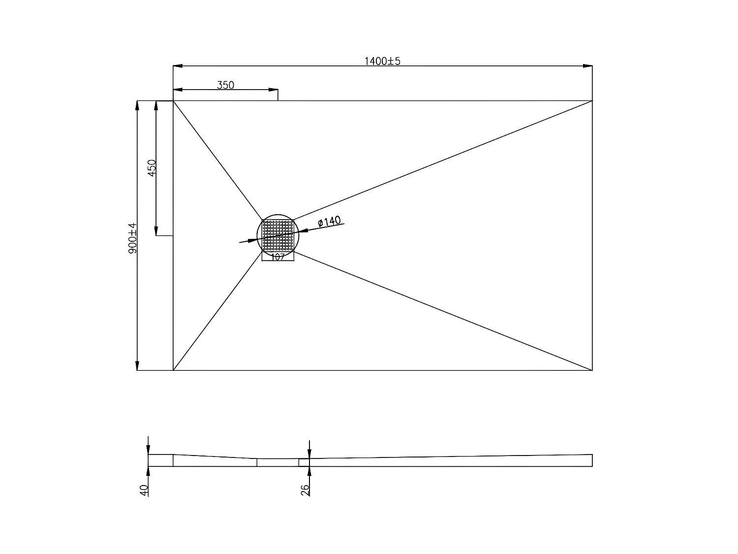 Duschtasse zum Selbstgestalten - nachschneidbar - extrudiertes Polystyrol - mit Siphon - 140 x 90 x 4 cm - DELOS