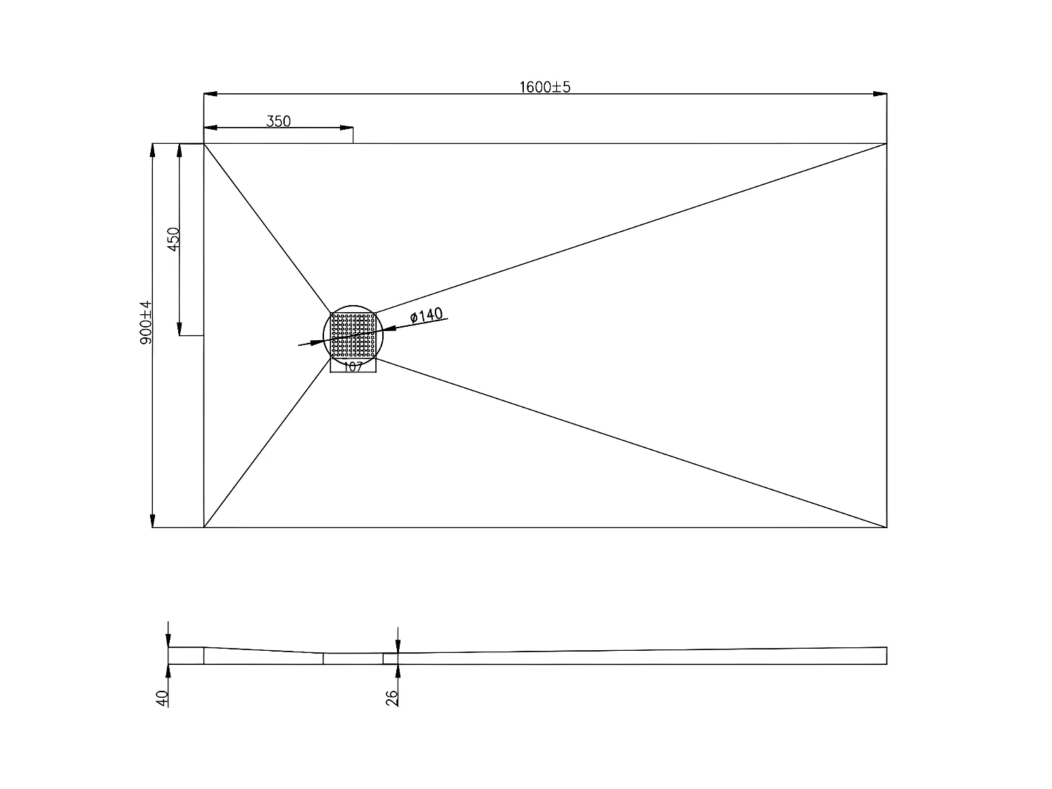 Base de duche em mosaico DELOS com sifão incluído - 1600x900x40mm -recortável