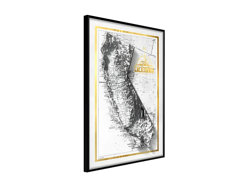 Affiche Murale Encadrée "Raised Relief Map California" 30 x 42 cm Noir