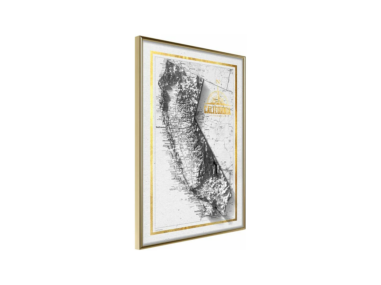 Affiche Murale Encadrée "Raised Relief Map California" 30 x 42 cm Or