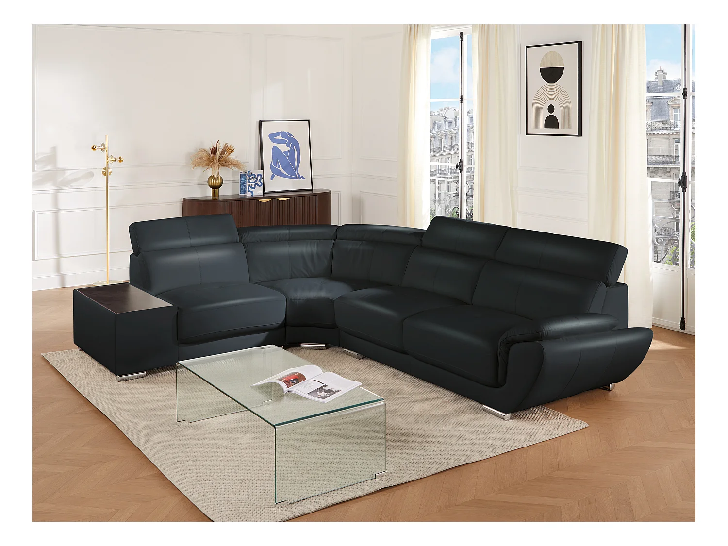 Sofá de canto em pele Preto - Canto esquerdo - NAHIA