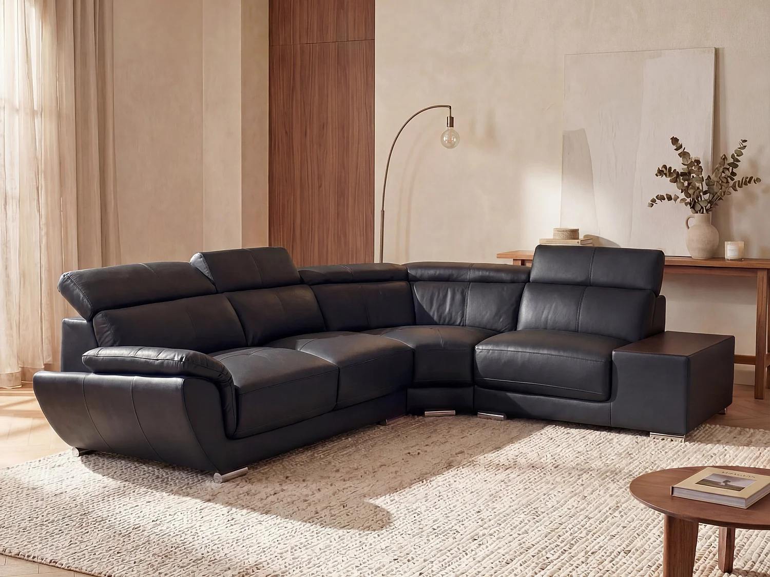 Ecksofa Leder - Ecke Rechts - Schwarz - NAHIA