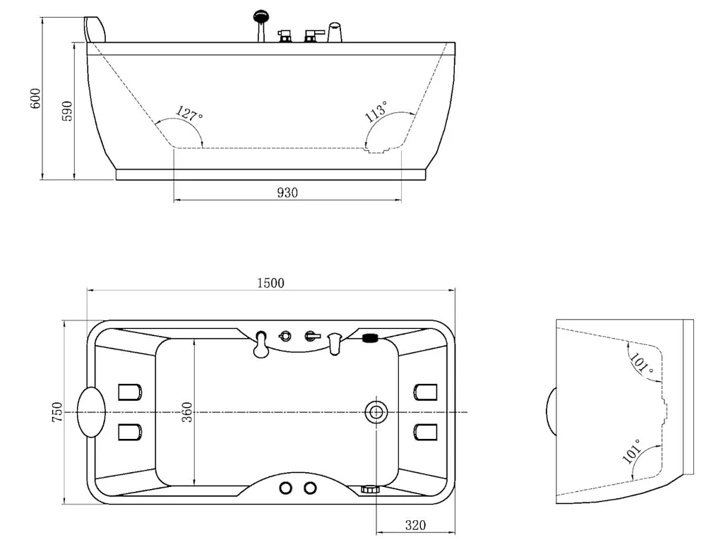 Baignoire balnéo blanche - 1 place - 140L - 150 x 75 x 54,5 cm - Angle droit - GAVINO
