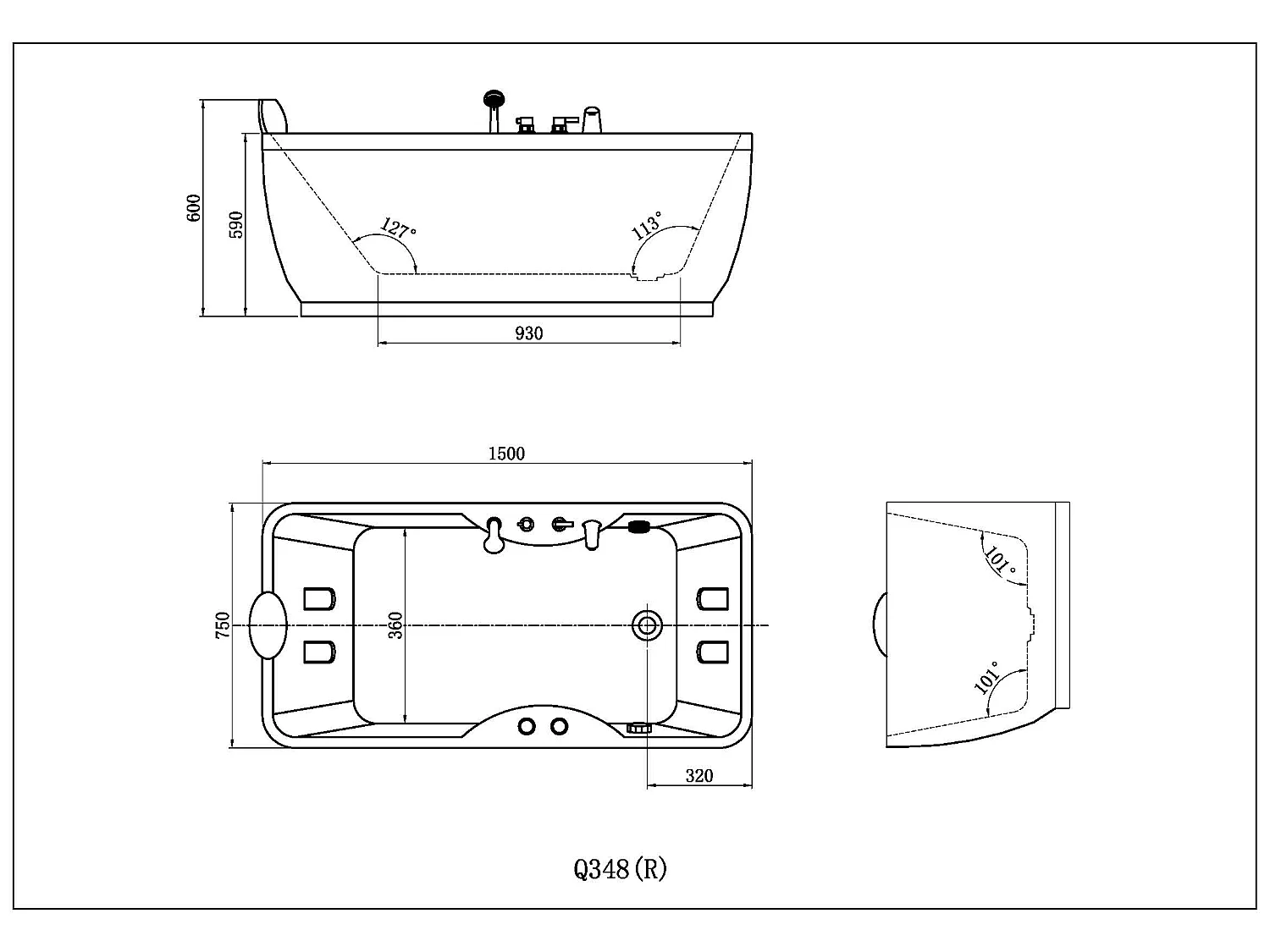 White whirlpool bath - 1 seater - 140L - 150 x 75 x 54.5 cm - Right angle - GAVINO