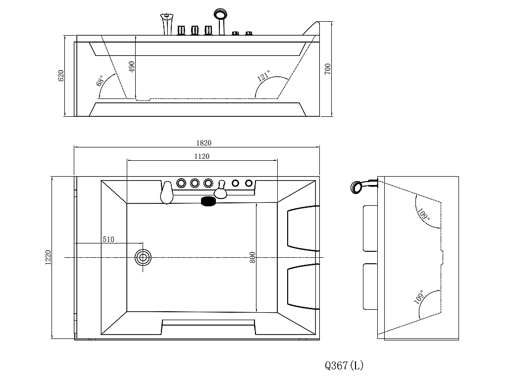 Whirlpool Badewanne - 2 Personen - 515 L - 182 x 122 x 62 cm - Ecke Rechts -  THALASSA