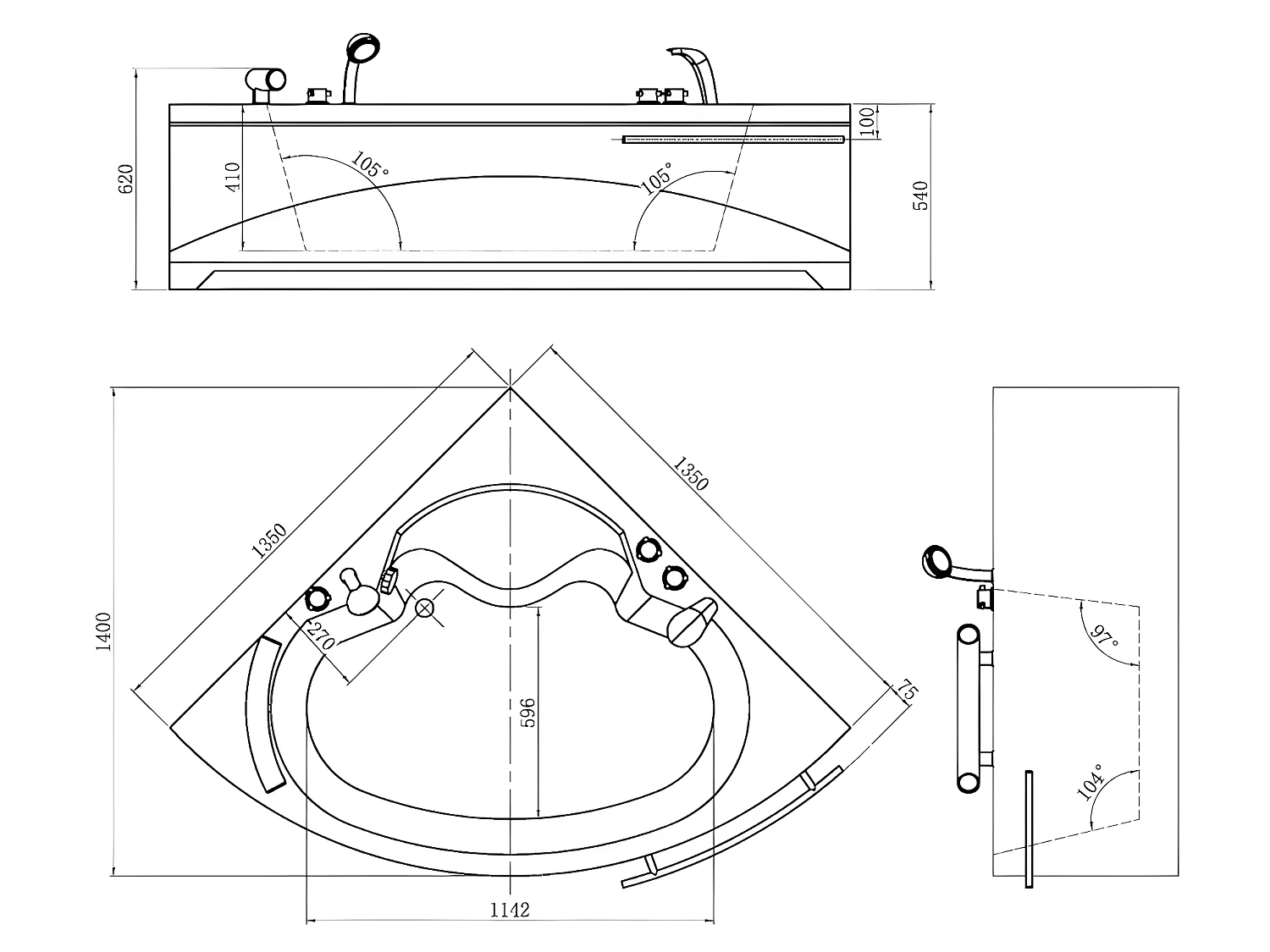 Baignoire d'angle NAVONA avec robinetterie - 263L - 135*135*54 cm