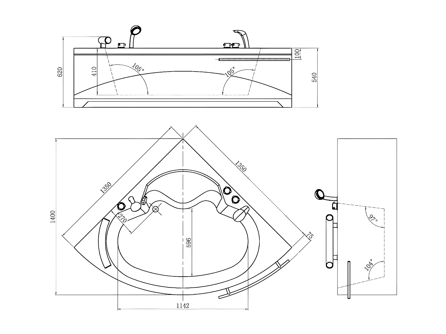 Baignoire d'angle NAVONA avec robinetterie - 263L - 135*135*54 cm