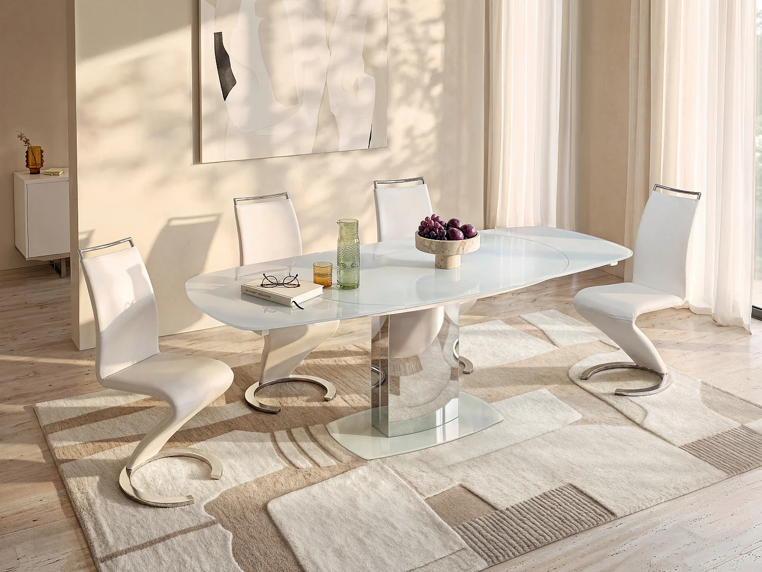 Mesa de jantar extensível TALICIA - Vidro temperado e metal - 6 a 8 lugares - Branco