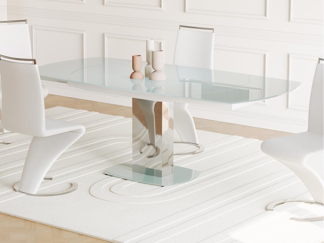 Mesa de comedor extensible TALICIA - Cristal templado y metal - 6 a 8 cubiertos - Color Blanco