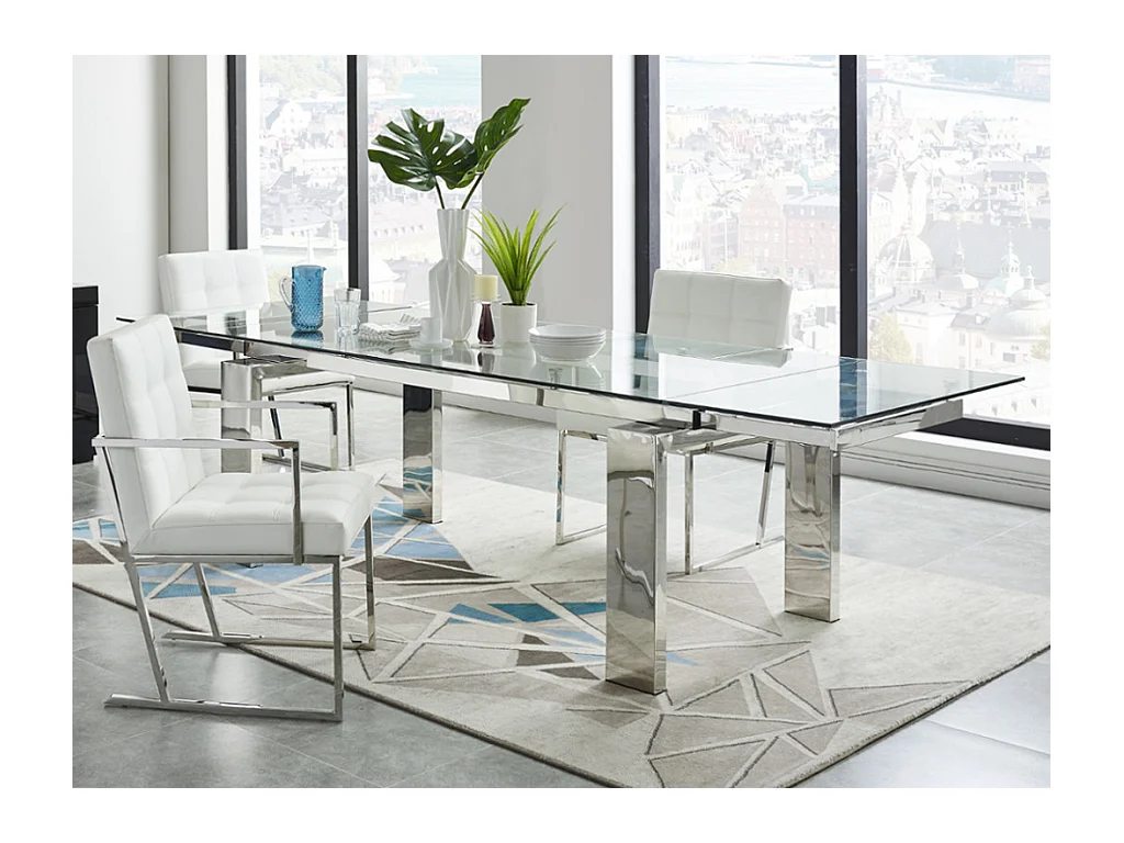 Table à manger extensible 8 à 10 personnes en verre trempé et métal - Transparent - LUBANA