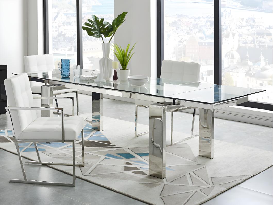 Mesa de comedor extensible LUBANA - Cristal templado y metal - 8 a 10 cubiertos