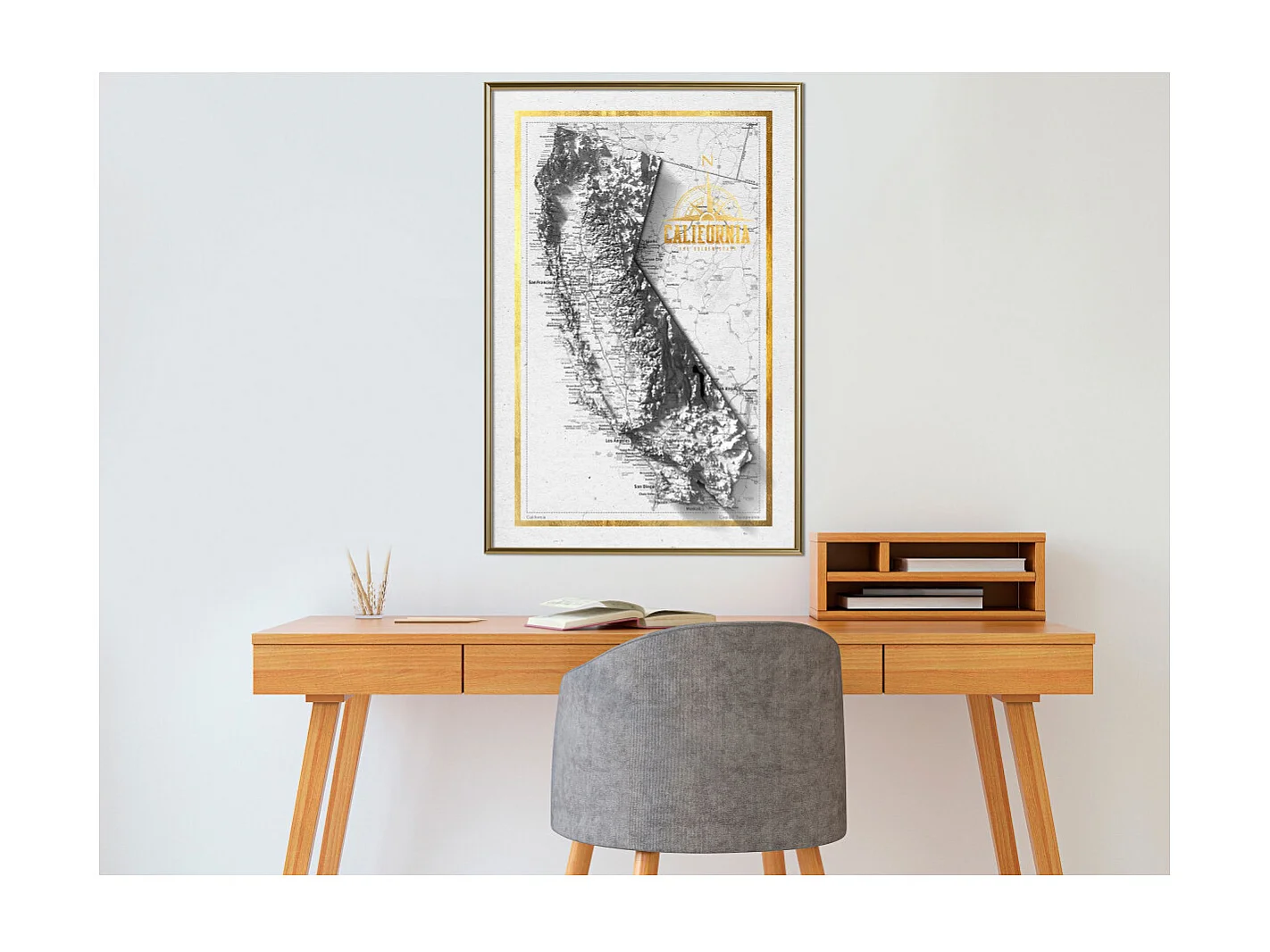 Affiche Murale Encadrée "Raised Relief Map California" 40 x 60 cm Or