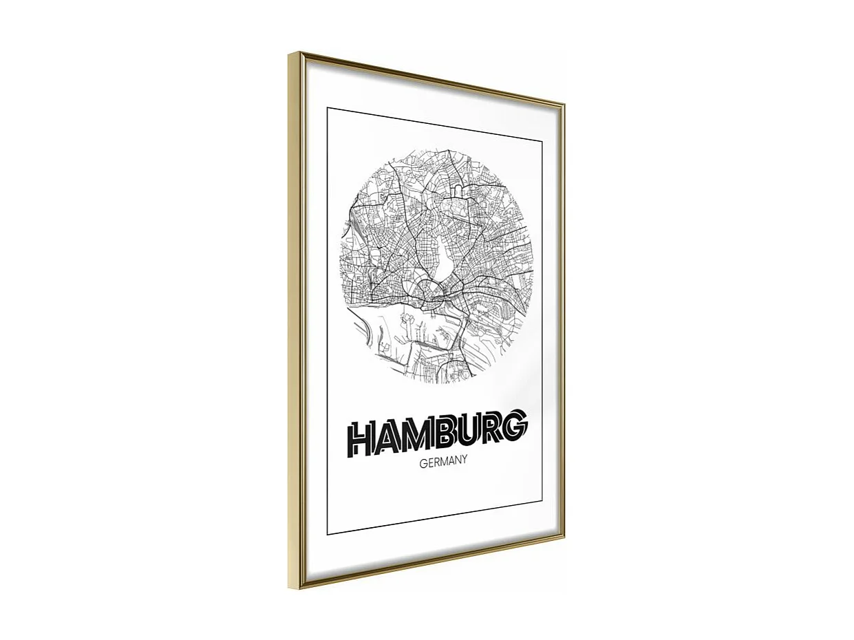 Affiche Murale Encadrée "City Map Hamburg Round" 40 x 60 cm Or