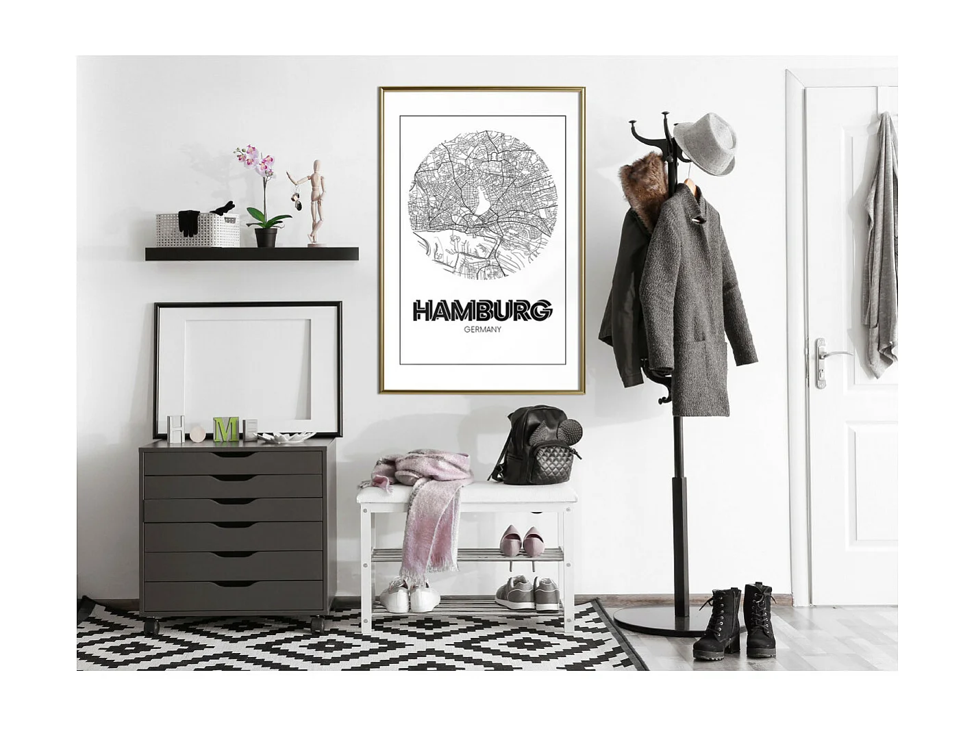 Affiche Murale Encadrée "City Map Hamburg Round" 40 x 60 cm Or