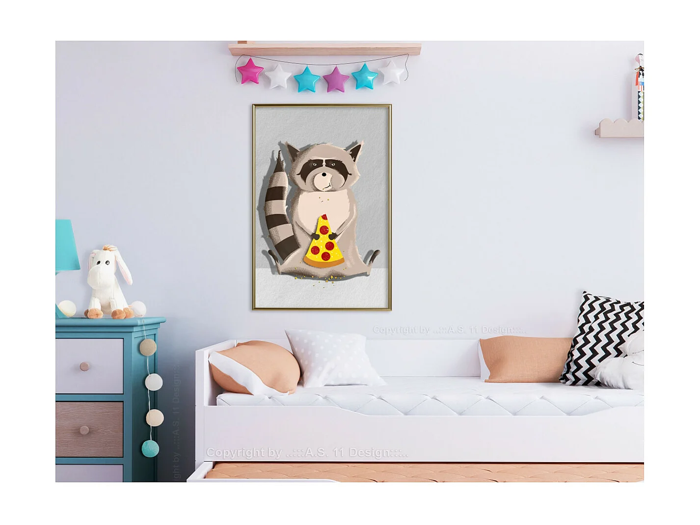 Affiche Murale Encadrée "Racoon Eating Pizza" 40 x 60 cm Or