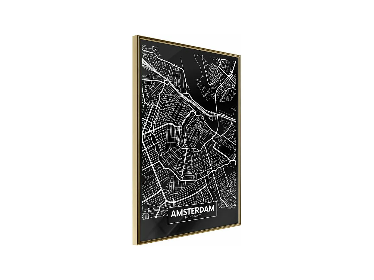 Affiche Murale Encadrée "City Map Amsterdam Dark" 21 x 30 cm Or