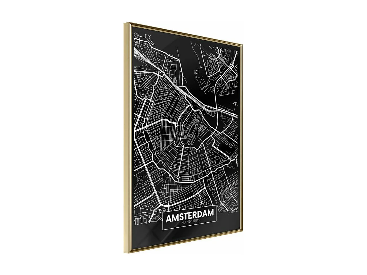 Affiche Murale Encadrée "City Map Amsterdam Dark" 21 x 30 cm Or