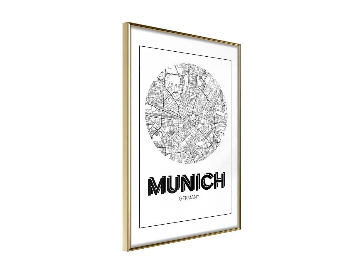 Affiche Murale Encadrée "City Map Munich Round" 40 x 60 cm Or