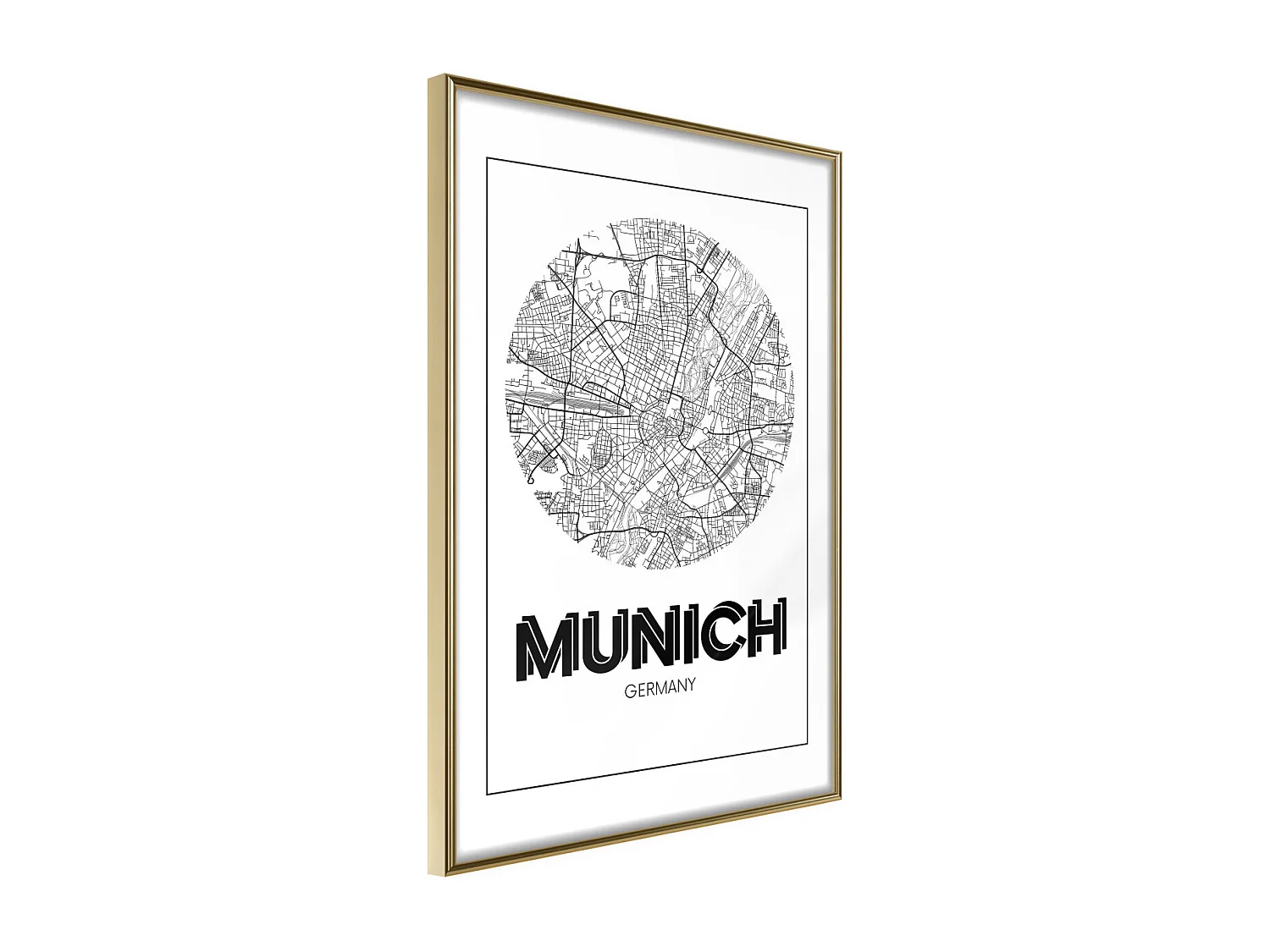 Affiche Murale Encadrée "City Map Munich Round" 40 x 60 cm Or