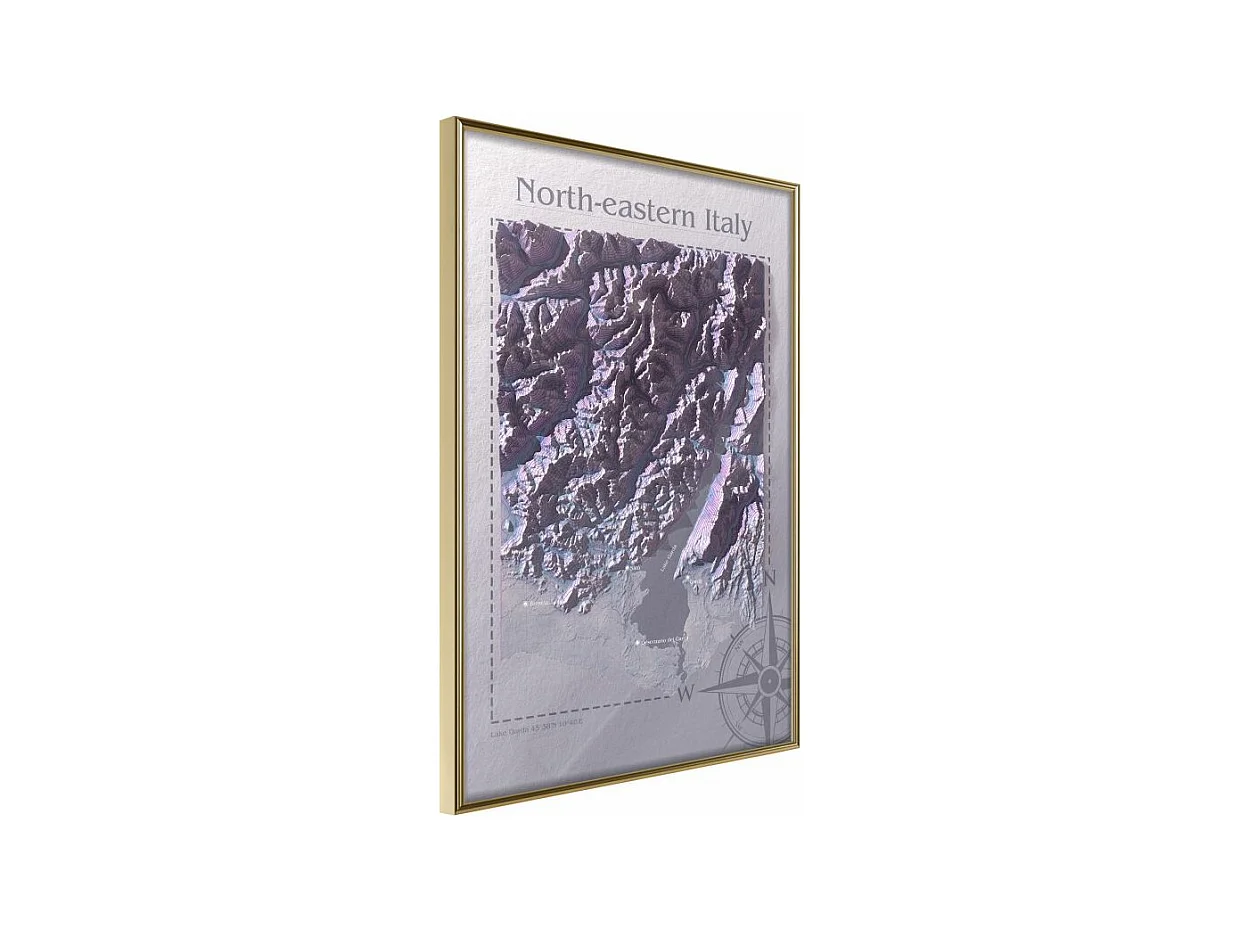 Affiche Murale Encadrée "Raised Relief Map North-Eastern Italy" 30 x 42 cm Or