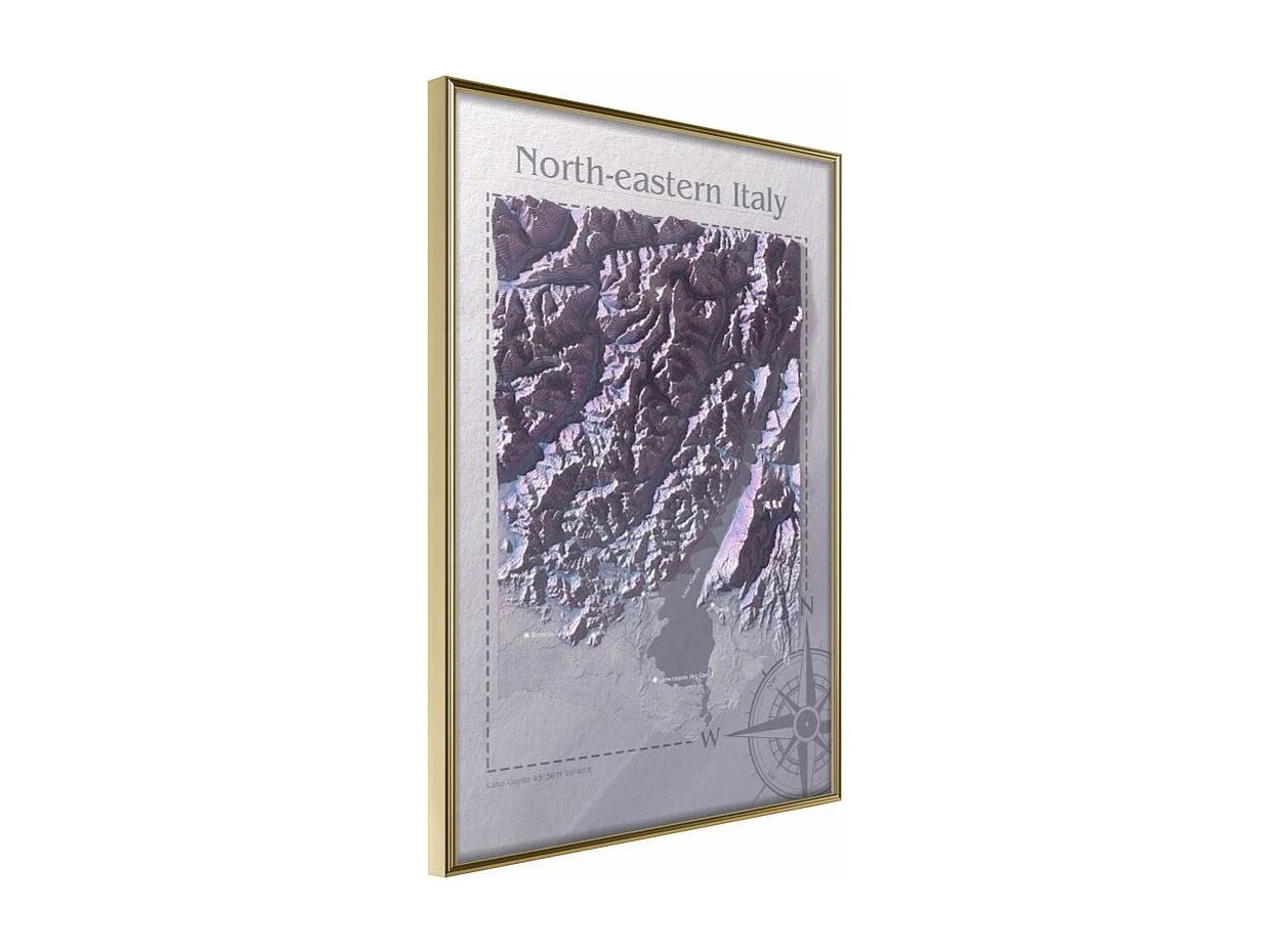 Affiche Murale Encadrée "Raised Relief Map North-Eastern Italy" 30 x 42 cm Or