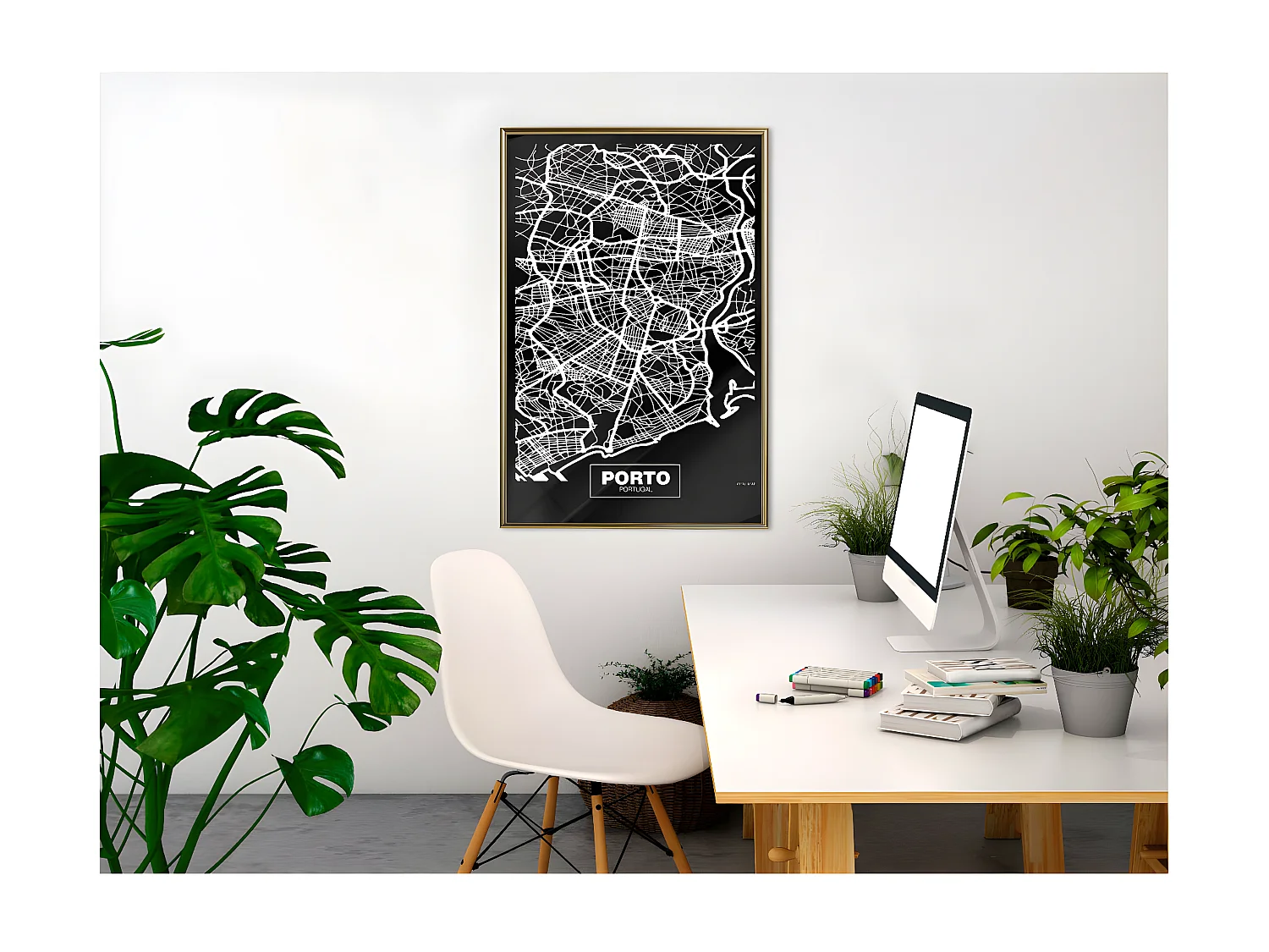 Affiche Murale Encadrée "City Map Porto Dark" 40 x 60 cm Or
