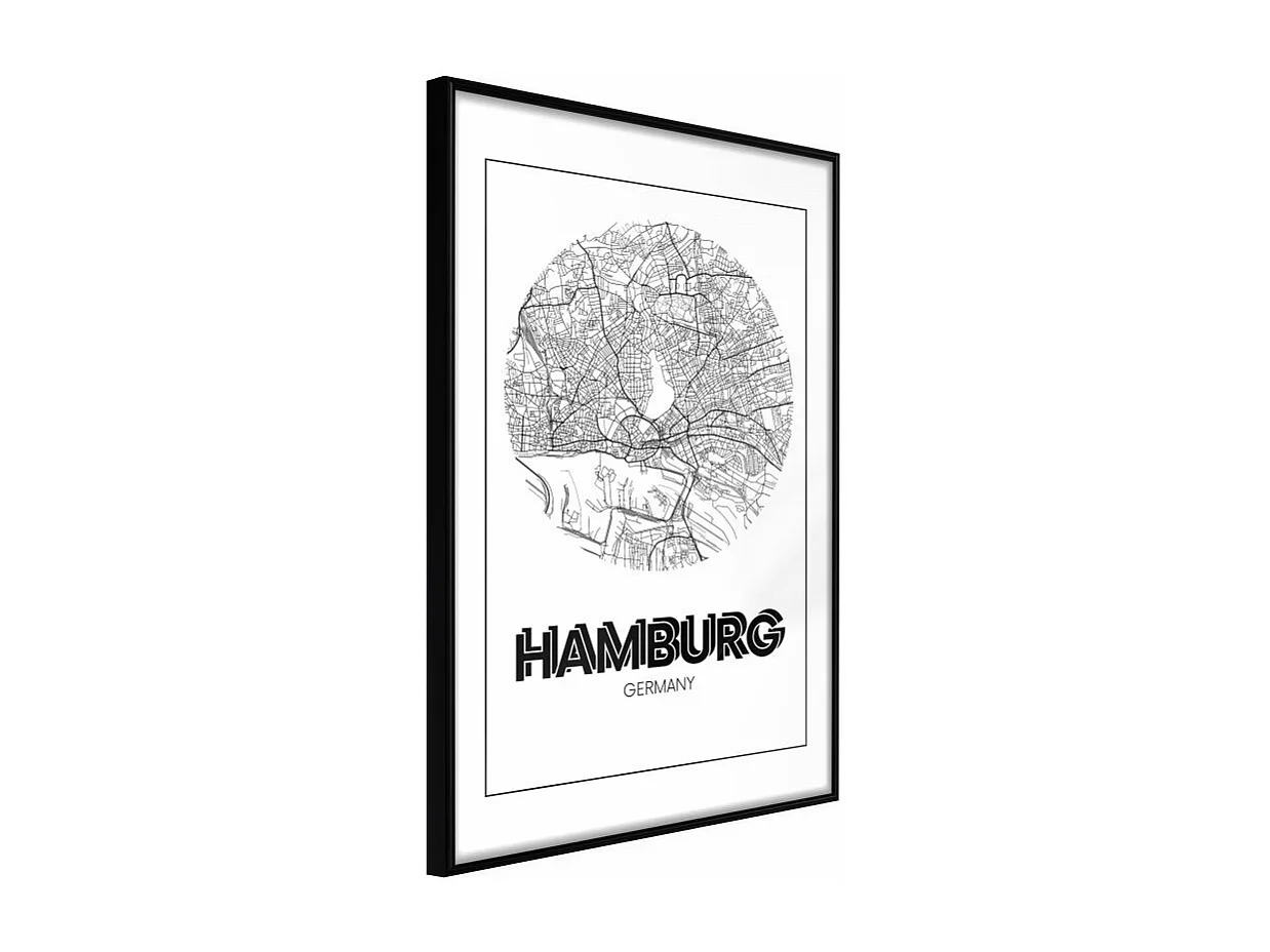 Affiche Murale Encadrée "City Map Hamburg Round" 21 x 30 cm Noir