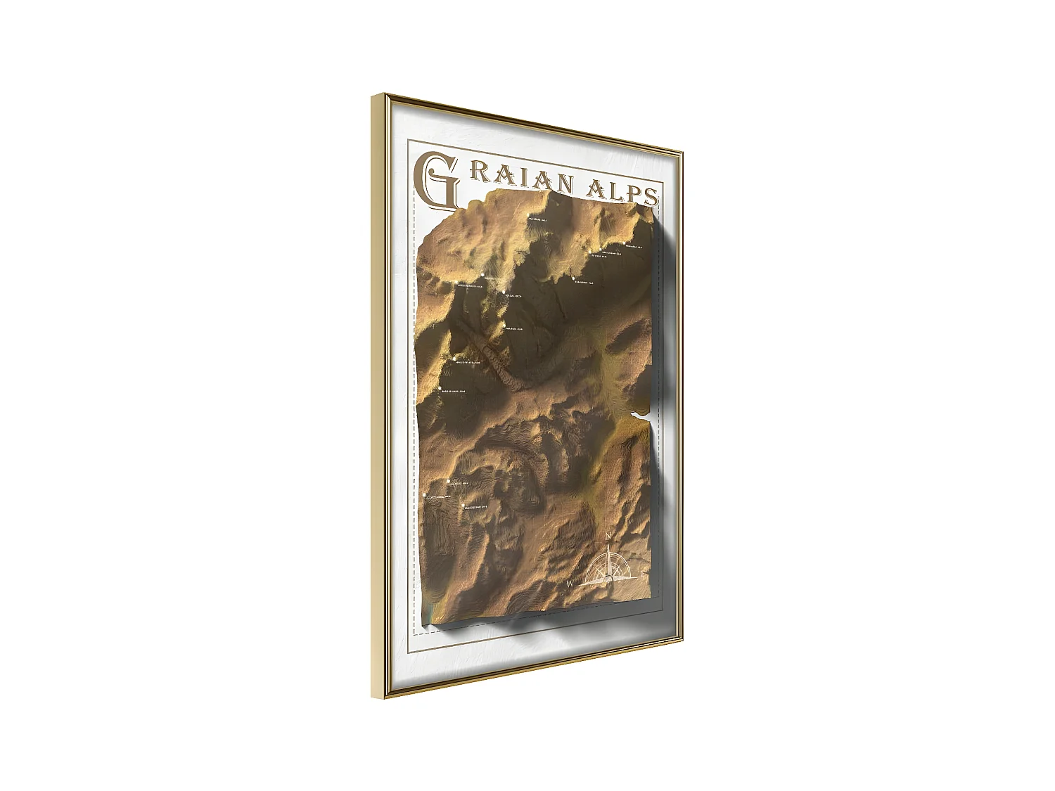 Affiche Murale Encadrée "Raised Relief Map Graian Alps" 40 x 60 cm Or