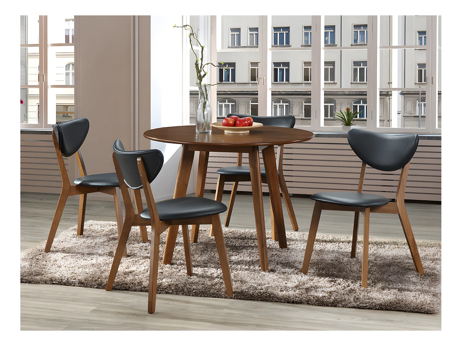 Stuhl 6er-Set - Kunstleder & Massivholz - Schwarz & Nussbaumfarben - LISETTE