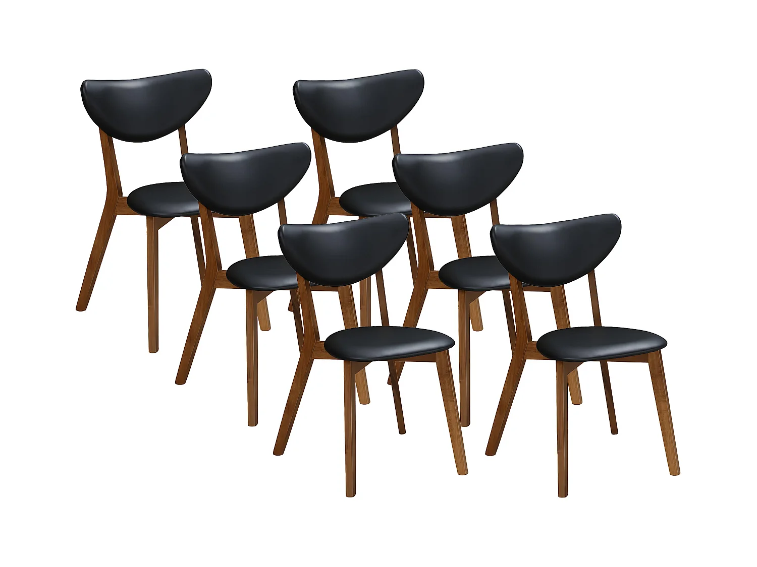 Set van 6 stoelen LISETTE - Massief heveahout en kunstleer - Walnoot en zwart