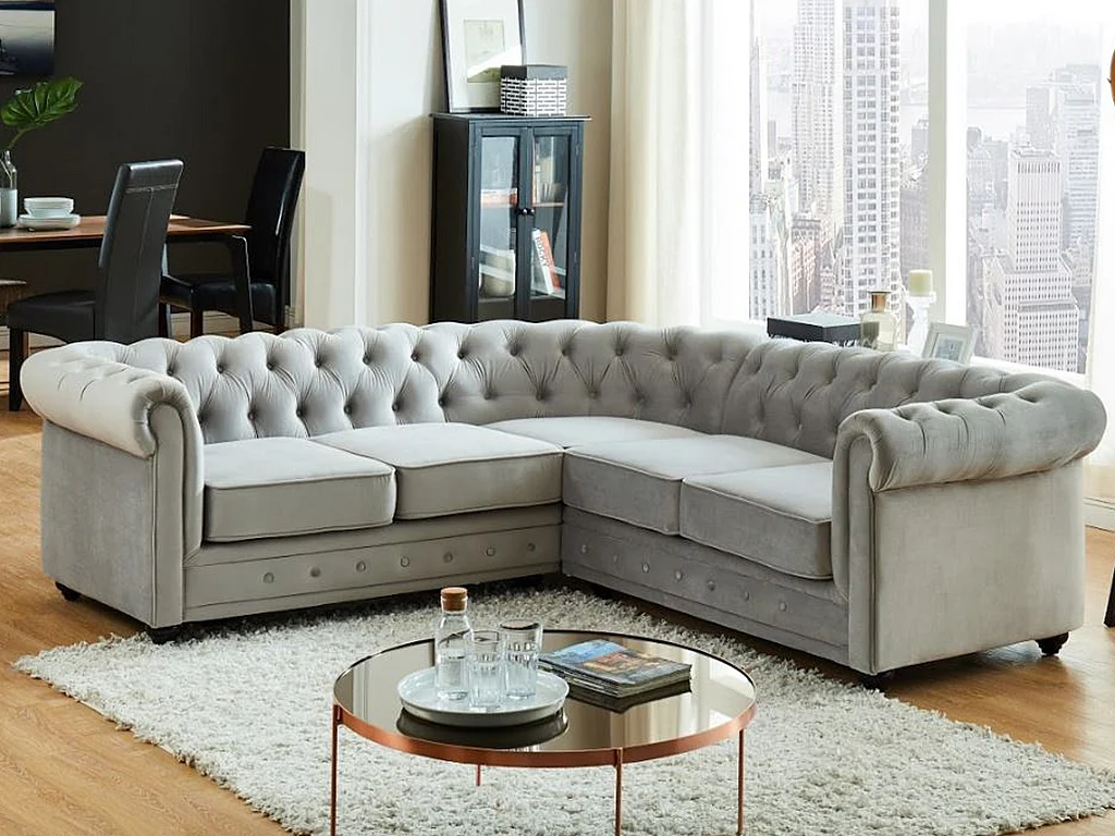Ecksofa - Samt - Hellgrau - CHESTERFIELD
