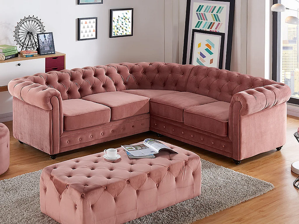 Ecksofa - Samt - Hellgrau - CHESTERFIELD